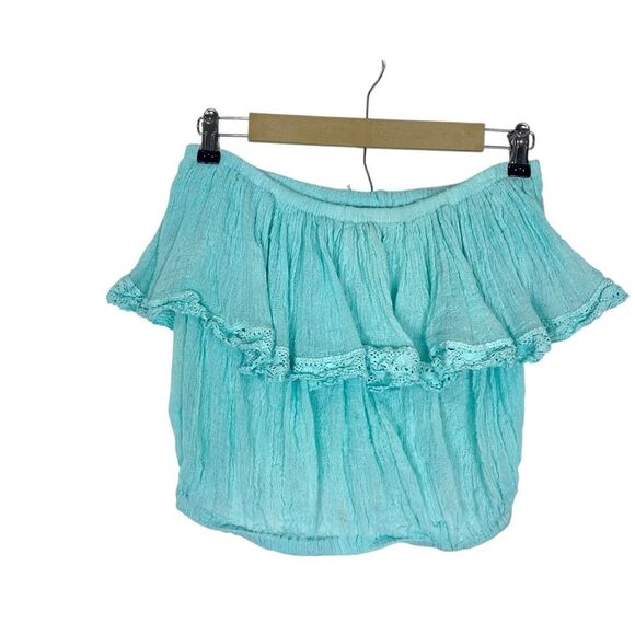 Jen's Pirate Booty Top Womens One Size teal Gauze Ruffle Lace Crop Off Shoulder - Picture 3 of 11